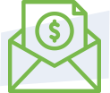Green open envelope with letter inside displaying a dollar sign icon